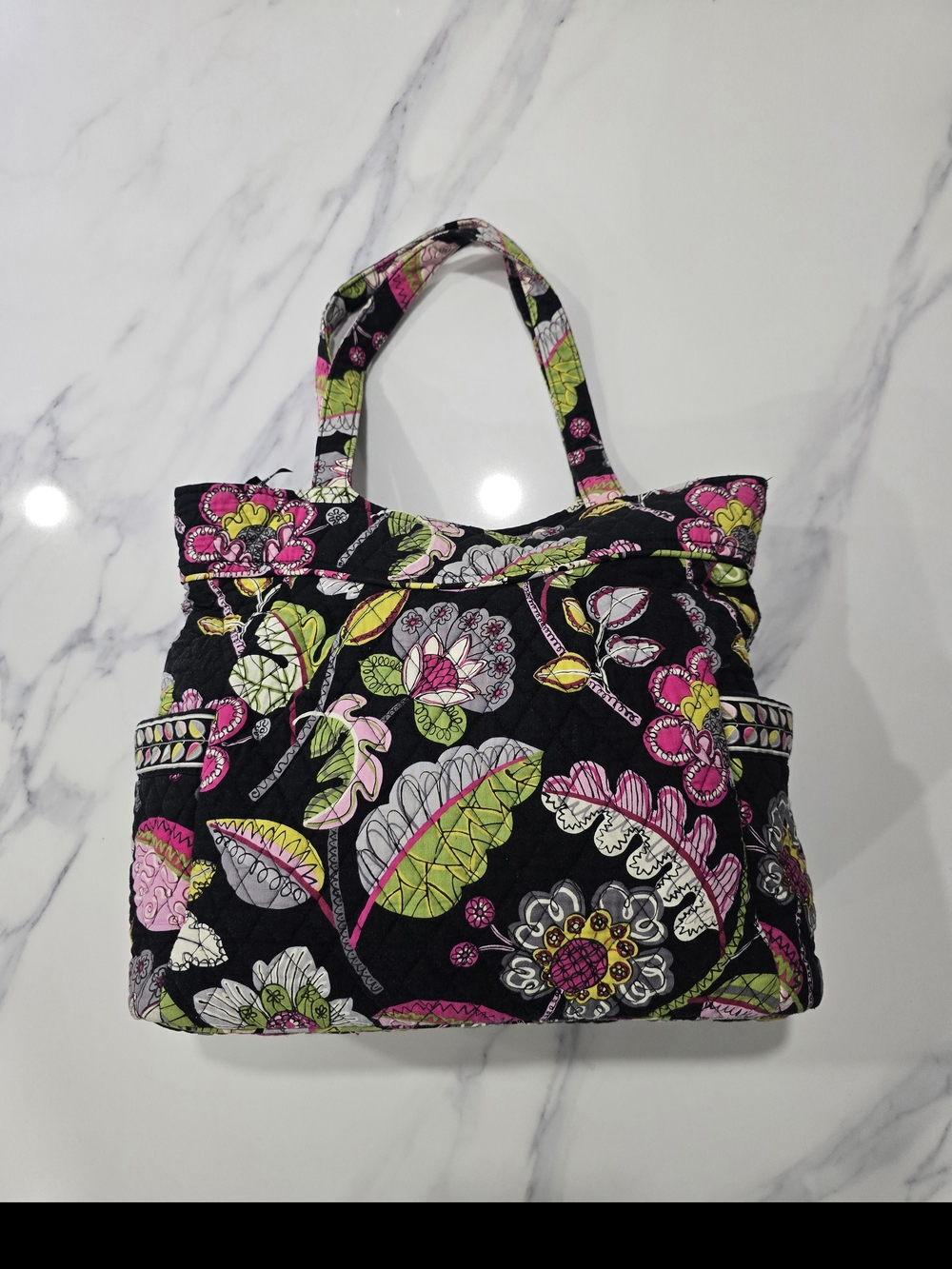 Vera Bradley Black Quilted Tote with Pink and Lime Floral Print - Picture 2 of 3